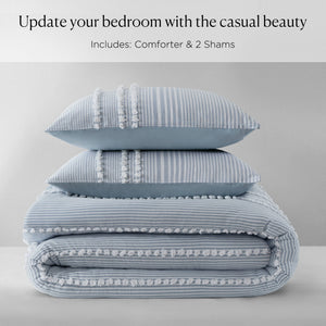 English Elm 3- Piece King Cotton Yarn Dyed Stripe Jacquard Pompom Comforter Set Oeko-tex Certified Blue B035P482893
