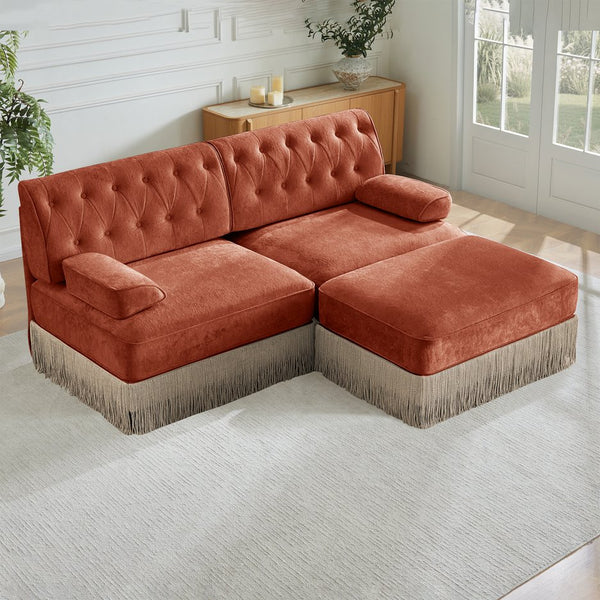 English Elm L-shaped Velvet Sectional Sofa Tufted Chesterfield Style with Tassel Skirt for Living Room Red+Brown W714S01720