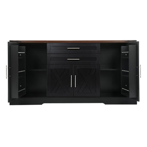 English Elm 63" Fluted Mdf Sideboard with Wood Tone Top Four Doors Three Drawers Dining Storage Black W2917S00012
