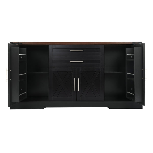 English Elm 63" Fluted Mdf Sideboard with Wood Tone Top Four Doors Three Drawers Dining Storage Black W2917S00012