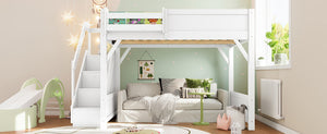 English Elm Twin Low Loft Bed Solid Pine Frame Kids Study Desk Blackboard Storage White Light White W1580S00468