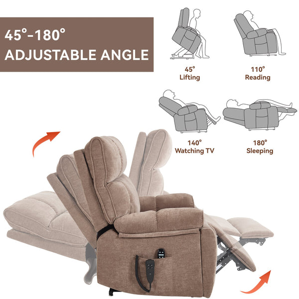 English Elm Beige Chenille Power Lift Recliner Dual Motor Massage Heat 350 Lb Capacity Brown W1803P264024