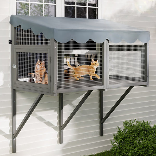 English Elm Cat Catio Window Box Enclosure Solid Wood Frame Mesh Panels Weatherproof Outdoor Perch W3166P354629