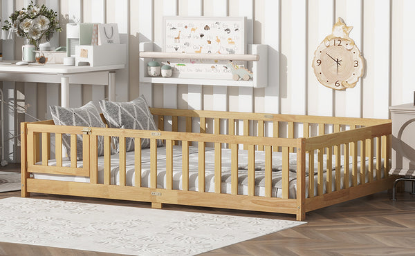 English Elm Full Size Rubber Wood Floor Bed with Surrounding Fence Door and Safety Guardrails W504P370522