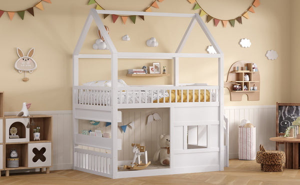 English Elm Full Size Solid Wood House Bed with Led Shelf Lighting for Kids Bedroom White N7500005026K