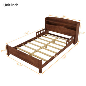 English Elm Full Pine Wood Bed with Bookcase Headboard, LED Motion Sensor, Guardrails & Ample Walnut Storage W504P281004