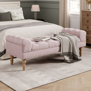 English Elm Button-tufted Upholstered Bench with Oak Legs Diamond Stitching for Bedroom or Entryway Pink N761P304406H