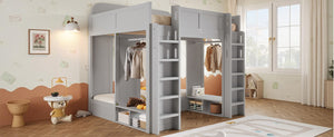 English Elm Triple Bunk Bed Wood Frame with Built in Shelves Hooks for Shared Kids Rooms Gray N7090004027E