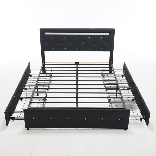 English Elm Queen Storage Bed with Led Lighting Crystal Tufted Pu Leather Headboard Charging Ports Black W5722P462463