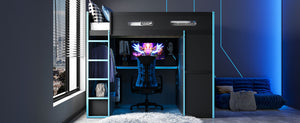 English Elm Full Size Gaming Loft Bed with Rgb Lighting Desk Wardrobe and Built-in Storage Blue LT100261AAC