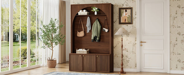 English Elm On-trend Farmhouse Hall Tree Arched Cabinet Storage Bench with Golden Hooks Mudroom Walnut N721S000080P
