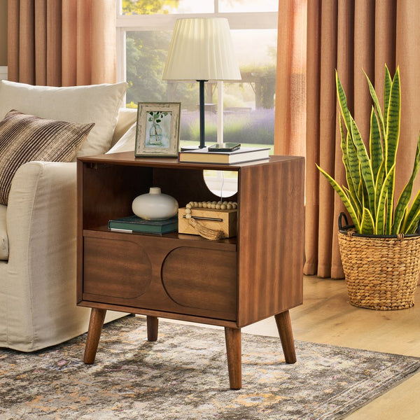 English Elm Mid Century Modern fluted nightstand with USB ports, dual outlets, drawer & open shelf, walnut finish W1801P288512