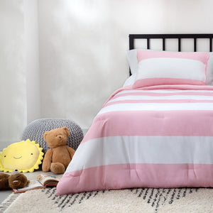 English Elm Linenspa Reversible Microfiber Comforter Set Cal King Pink & White Rugby Stripe with Shams, Hypoallergenic Fill B350P326215