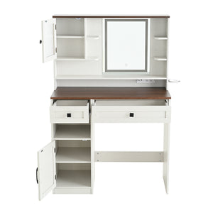 English Elm Farmhouse Makeup Vanity Desk with Lighted Mirror, Built-In Charging Station, Ample Storage and Stool White N844P291652M