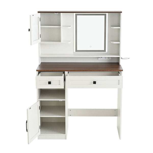 English Elm Farmhouse Makeup Vanity Desk with Lighted Mirror, Built-In Charging Station, Ample Storage and Stool White N844P291652M