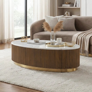 English Elm Brown Oval Marble Top Cocktail Table with Reeded Plinth Base and Gold Steel Accents B2741P476069