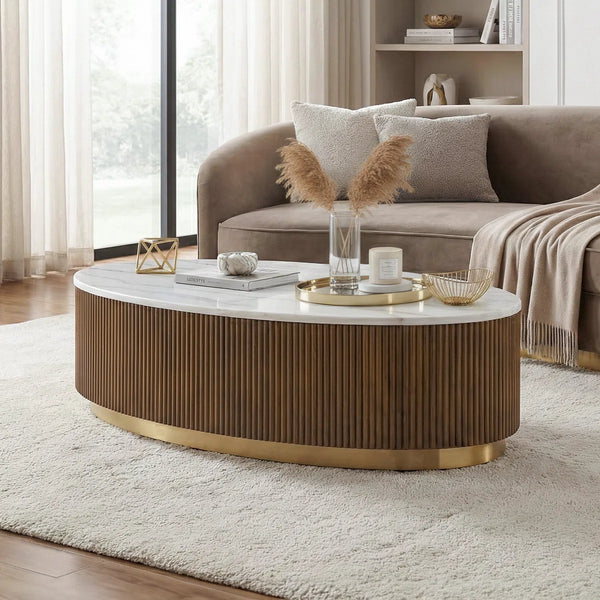 English Elm Contemporary Marble Top 3 Piece Living Room Table Set with Gold Stainless Accents B2741S00909