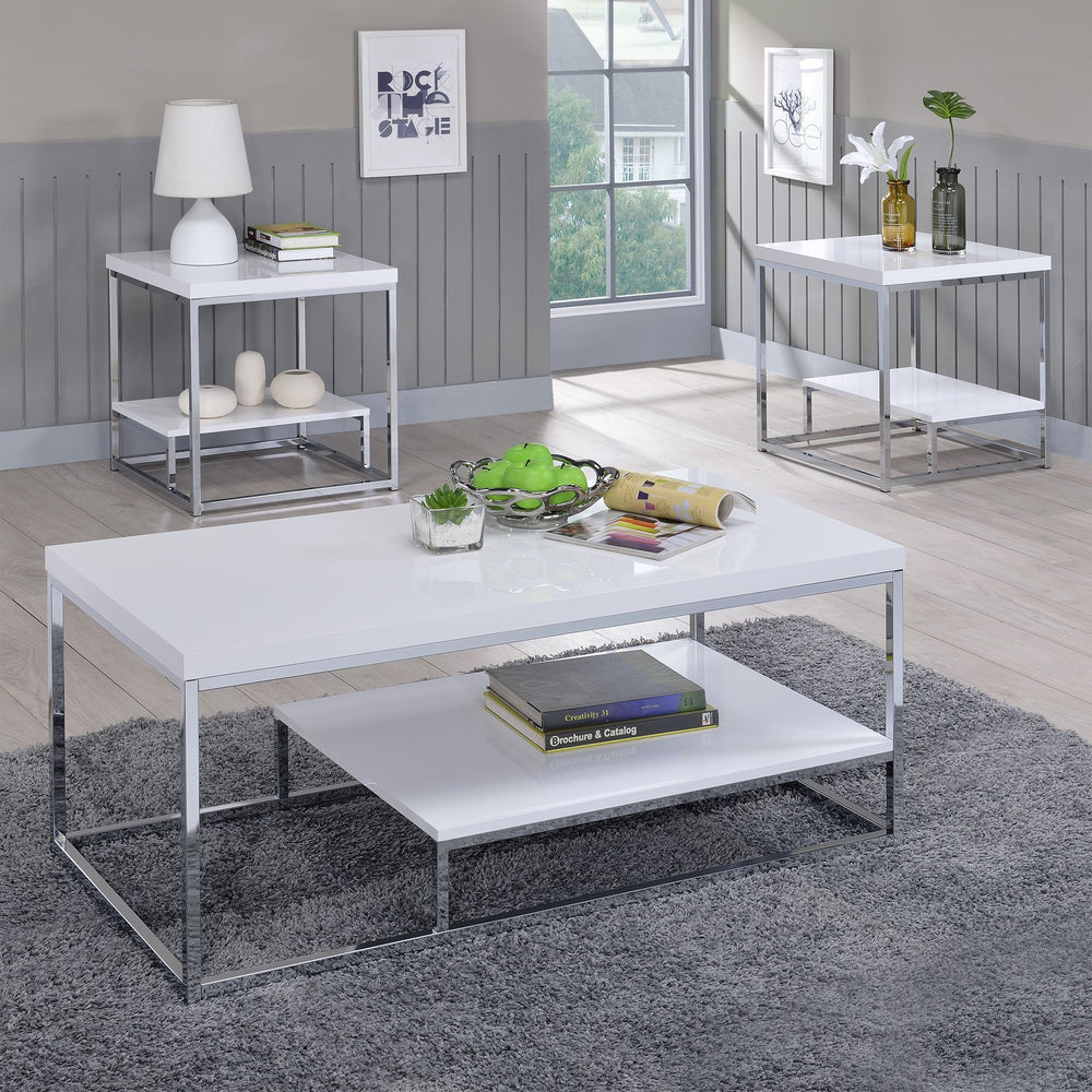 English Elm Steve Silver - Lucia Contemporary 3-Piece White Table Set with Chrome-Plated Iron Frames and Asymmetrical Shelf – Sleek Durable Decor B081S00339