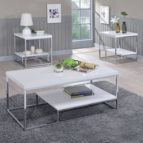 English Elm Steve Silver - Lucia Contemporary 3-Piece White Table Set with Chrome-Plated Iron Frames and Asymmetrical Shelf – Sleek Durable Decor B081S00339