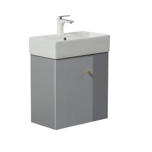 English Elm 21.6" Wall Mounted Matte Grey Vanity Base with Open Shelf and Gold Accent Hardware W1920P446811