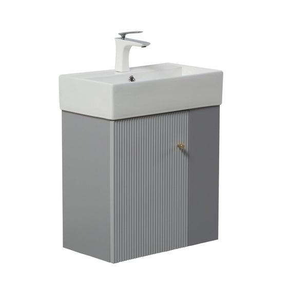English Elm 21.6" Wall Mounted Matte Grey Vanity Base with Open Shelf and Gold Accent Hardware W1920P446811