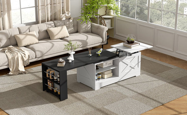 English Elm U-can Farmhouse Lift Top Coffee Table Barn Door Hidden Storage Living Room White+Black N724P351732K
