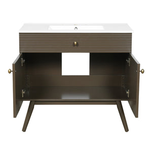 English Elm 36" Freestanding Bathroom Vanity Striped Mdf Cabinet Brass Hardware Ceramic Basin N765P387198D