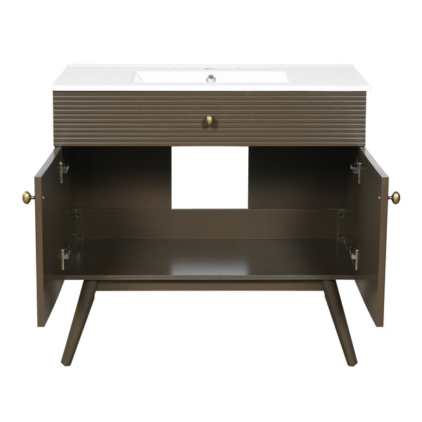 English Elm 36" Freestanding Bathroom Vanity Striped Mdf Cabinet Brass Hardware Ceramic Basin N765P387198D