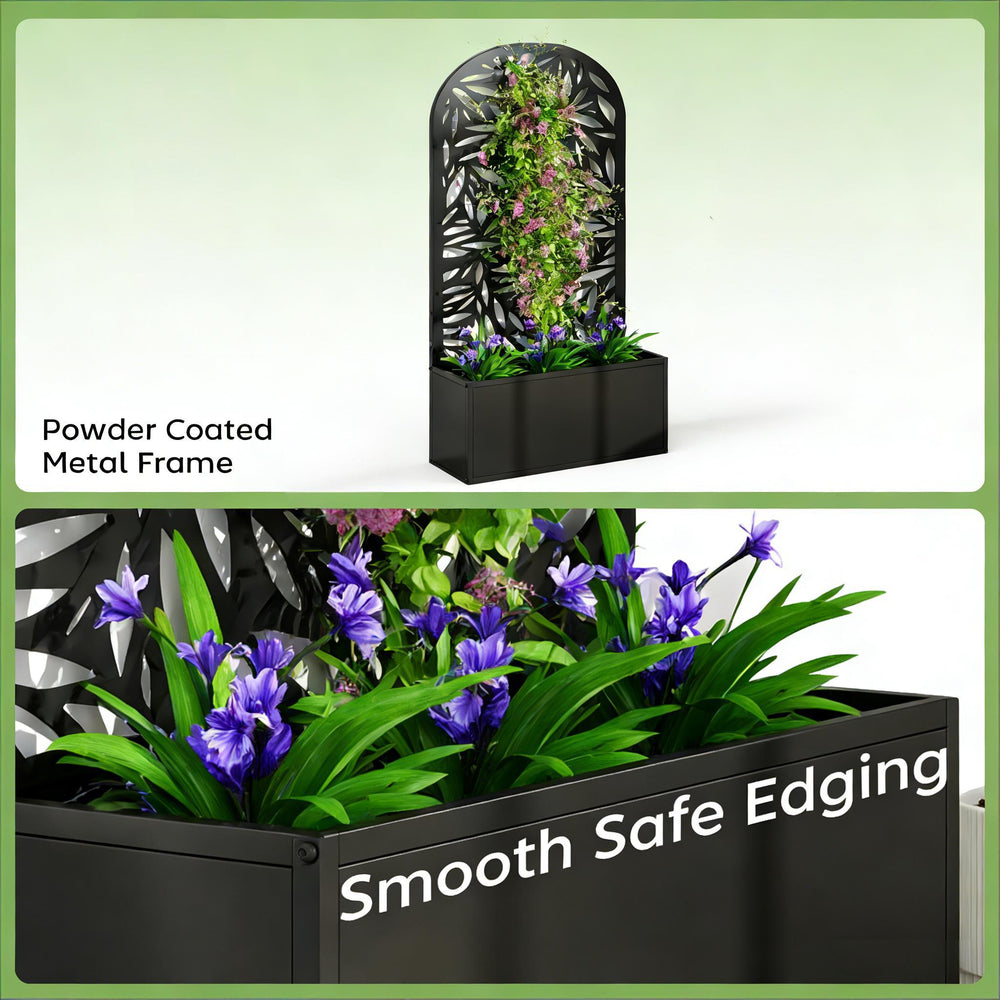 English Elm Freestanding Metal Raised Garden Bed with Leaf Trellis Panel for Patios and Balconies T3971P455193