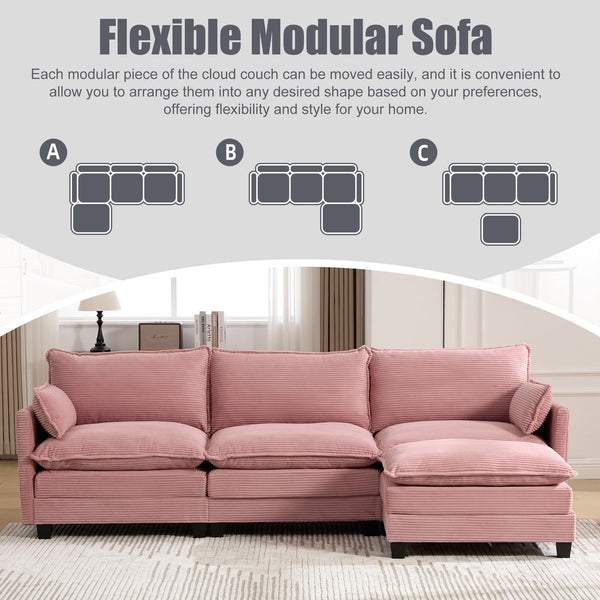 English Elm United We Win Modular Corduroy Sectional with Ottoman Low Profile Living Room Couch Pink W1568S00256