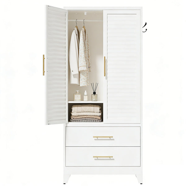 English Elm White Steel Freestanding Wardrobe Cabinet with Rod and Shelves for Dorm or Apartment T2398P480393