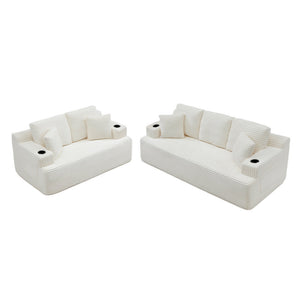 English Elm Boneless Floor Sofa Corduroy Upholstered 5 Seat Low Profile with Cup Holders for Living Room Beige W1117S00437