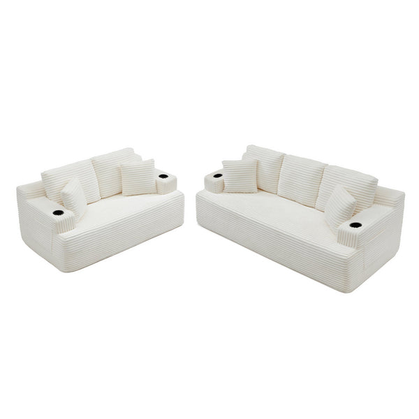 English Elm Boneless Floor Sofa Corduroy Upholstered 5 Seat Low Profile with Cup Holders for Living Room Beige W1117S00437