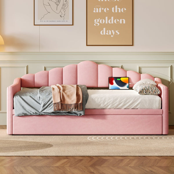 English Elm Upholstered Twin Daybed with Pop-Up Trundle, Built-In USB Type-C Charger, Side Pockets, Velvet Frame Pink 77.25 L x 17.25 W x 5.31 H N733S285118H