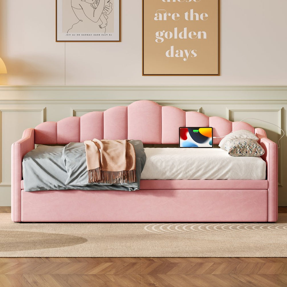 English Elm Upholstered Twin Daybed with Pop up Trundle Velvet Frame and Built in Usb Charging Pink N733S410648H