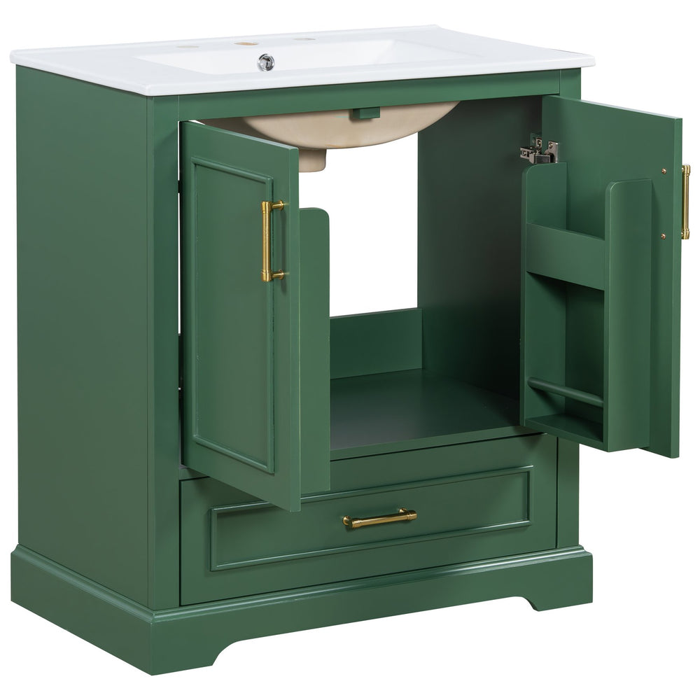 English Elm 30" Modern Bathroom Vanity with Ceramic Sink, Soft-Close Doors, Divided Drawer & Dual Door Shelves Green N729P321376F