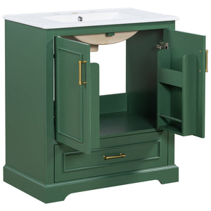 English Elm 30" Modern Bathroom Vanity with Ceramic Sink, Soft-Close Doors, Divided Drawer & Dual Door Shelves Green N729P321376F