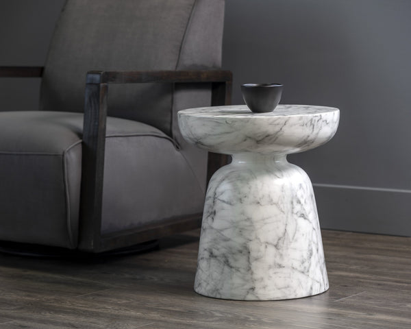 Sunpan Lucida End Table - Contemporary Concrete Design for Indoor and Covered Outdoor Spaces, Unique Style Marble Look / White