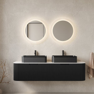 English Elm Dina 60 Inch Floating Bathroom Vanity Sintered Stone Top Dual Glass Basins Wood Grain Black,Carrara White W2615S00186