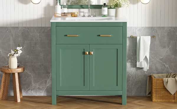 English Elm 30-inch Modern Bathroom Vanity with Ceramic Sink, Gold Accents, Solid Wood Frame, Soft-Close Doors and Ample Storage Green WF324045AAF