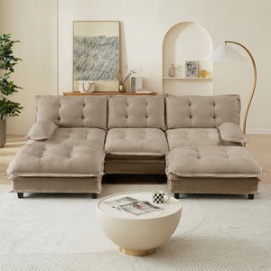 English Elm 107" U Shaped Chenille Sectional Cloud Sofa with Ottomans Deep Seat Modular Living Room Light Coffee W714S01709