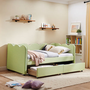 English Elm Twin Gingham Linen Daybed with Wave Silhouette Usb Port and Dual Storage Drawers Green W1413S00143