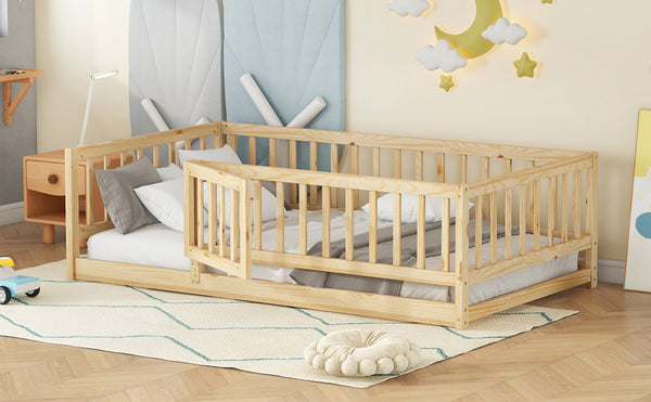 English Elm Twin Oak Montessori Floor Bed with Fence & Door, Twin Slatted Pine Frame, Low Profile for Kids (Natural) W1820P349300