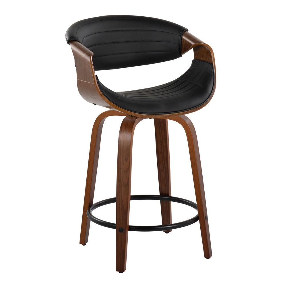 English Elm 24" Swivel Counterstools Walnut Base Faux Leather Bucket Seat Chrome Footrest Pair B202S00088