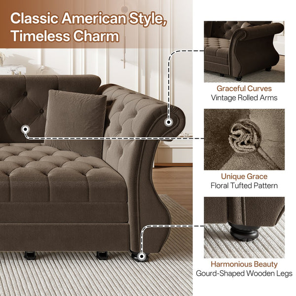 English Elm 97.6" Oversized Velvet Chesterfield Sleeper Sofa Floral Tufted Roll Arm Living Room Couch Brown W1885S00399