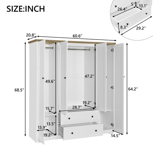 English Elm 4 Door Wardrobe Armoire Closet with 2 Drawers Rustic Pine & MDF Storage Cabinet with Shelves and Hanging Space White N7090001842K