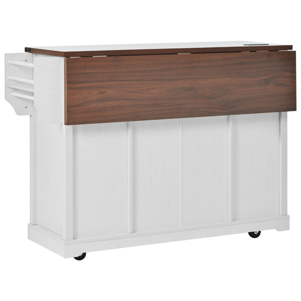 English Elm K&K 58" Farmhouse Kitchen Island with Sliding Barn Door, Drop Leaf, Glass Rack, Locking Wheels, Power White N707P349811W
