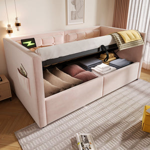 English Elm Upholstered Twin Daybed with Hydraulic Storage, Velvet Tufted Sofa Back, USB & Type-C Charging Port Pink N736P303402P