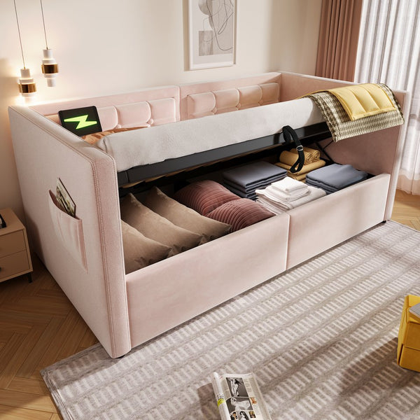 English Elm Upholstered Twin Daybed with Hydraulic Storage, Velvet Tufted Sofa Back, USB & Type-C Charging Port Pink N736P303402P