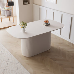 English Elm 63 Elegant MDF Dining Table with Carved Round Legs, Stain‑Resistant Surface, Seats 4‑8, Modern Appeal Cream W2189S00650